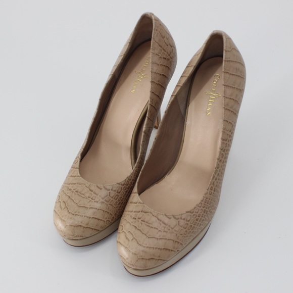COLE HAAN Leather Platform High Heel Reptile Print Neutral Taupe brown 8.5 - Picture 4 of 10